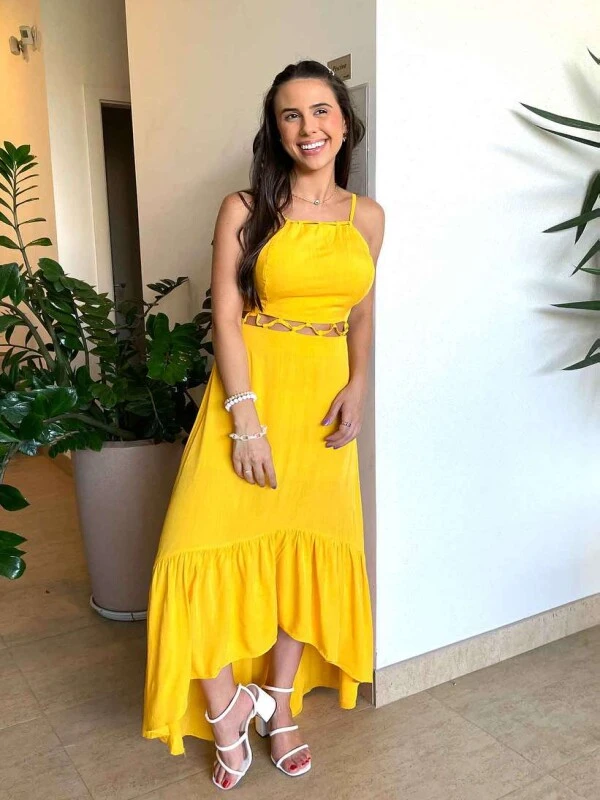 VESTIDO MIDI C/ DETALHE NA CINTURA - COSH JEANS - Amarelo