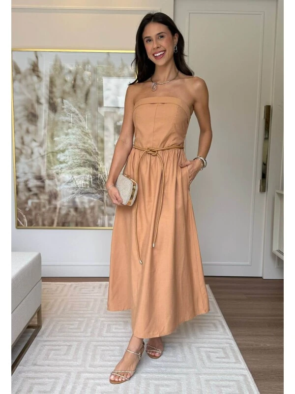 VESTIDO TOMARA QUE CAIA EDUARDA - COSH JEANS - Bege escuro